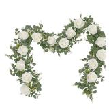 2Pcs 13Ft Artificial Eucalyptus Garlands with Flowers - 8 Roses, Faux Floral Greenery Garlands Fake Flowers Vines for Wedding Table Centerpieces Arch Party Ceremony Backdrop Decor (White) - Retail: $2