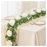 2Pcs 13Ft Artificial Eucalyptus Garlands with Flowers - 8 Roses, Faux Floral Greenery Garlands Fake Flowers Vines for Wedding Table Centerpieces Arch Party Ceremony Backdrop Decor (White) - Retail: $2