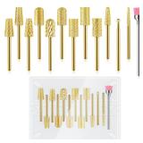 13Pcs Nail Drill Bits Set, Tungsten Carbide Drill Bits for Nails, Cuticle Nail Drill Bits for Acrylic Nails Remover Bits for Manicure Pedicure, Home Salon (Gold)
