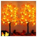 2 Pack 24 Inch Artificial Lighted Maple Tree with 48 LEDs Timer Fall Thanksgiving Decorations Battery Operated Prelit Maple Tree Table Lights for Thanksgiving Decor Home Indoor Autumn Harvest