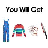 Costume Chucky Costume for Adults Men Outfit Women Long Sleeve Overalls Prop Knife Toy Scar Tattoos - M Size - Retail: $60