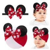 Baby Girl Headbands Mouse Ears Headwrap with Sequin Polka Dot Bow Soft Stretchy Nylon Hair Bands for Newborn Infant Baby Toddler Girls- Pack of 2 - Retail: $9