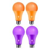 4 Pack BlueX LED A21 Purple Orange Light Bulbs - 15W (120Watt Equivalent) - E26 Base Purple Orange LED Party Decoration, Porch, Home Lighting, Holiday Lighting, Decorative - Retail: $54