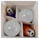 4 Pack BlueX LED A21 Purple Orange Light Bulbs - 15W (120Watt Equivalent) - E26 Base Purple Orange LED Party Decoration, Porch, Home Lighting, Holiday Lighting, Decorative - Retail: $54