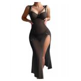 Butterfly Split Leg Underwire Sheer Mesh Maxi Lingerie Dress with Thong 2 Piece Set, See Through Long Chemise Negligee Outfits Black Small - Retail: $26