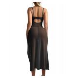 Butterfly Split Leg Underwire Sheer Mesh Maxi Lingerie Dress with Thong 2 Piece Set, See Through Long Chemise Negligee Outfits Black Small - Retail: $26