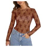 KTILG Mesh Long Sleeve Shirt Club for Women Sexy Clubwear See Through Tops Boat Neck Lace Blouse Sheer T-Shirt Brown M - Retail: $15