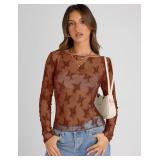 KTILG Mesh Long Sleeve Shirt Club for Women Sexy Clubwear See Through Tops Boat Neck Lace Blouse Sheer T-Shirt Brown M - Retail: $15