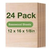 Wowood 24 Pack Basswood Plywood, 12 x 16 x 1/8 Inch Unfinished Balsa Wood for Laser Cutting and Engraving, Thin Wood Sheets Blanks for DIY Project - Retail: $62