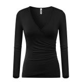 Beauhuty Womens Fitted Shirts Deep V Neck Ruched Tops Front Surplice Wrap T-Shirt Long Sleeve Tees (S, Long-Black) - Retail: $15