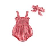 FOMOYUU Newborn Baby Girl Romper Summer Sleeveless Smocked Cotton Linen Clothes Outfit with Headband (Red Plaid, 6-12 Months) - Retail: $15