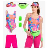 TobWeaL Womens 80s Workout Costume Outfit 80s 90s Accessories Set - Leotard Neon Halloween Cosplay Set.(Pink, Medium) - Retail: $33