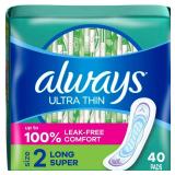 Always Ultra Thin Pads Size 2 Super Long Absorbency Unscented Without Wings - 40ct