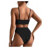 Petite High Waisted Tummy Control Bikini Ribbed Sporty Brazilian Swimsuit Set, Push Up Top 2 Piece Bathing Suit Black X-Small - Retail: $38