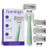 Flamingo Shaving Razor Set for Women - Original Razor Handle, 4 Blade Refills, and Shower Holder - Sage - Retail: $29