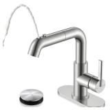 KENES Single Hole Bathroom Faucet with Pull Out Sprayer, Brushed Nickel Single Handle Pull Down Bathroom Faucets, Vanity Faucet with Pop Up Drain & Deck Plate, LJ-9055A - Retail: $69