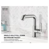 KENES Single Hole Bathroom Faucet with Pull Out Sprayer, Brushed Nickel Single Handle Pull Down Bathroom Faucets, Vanity Faucet with Pop Up Drain & Deck Plate, LJ-9055A - Retail: $69