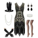1920s Great Gatsby Dresses for Women Roaring 20s Flapper Dresses for Women Adult Sequin Fringe Set with 1920s Costumes Accessories Black M - Retail: $45