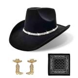 Rhinestone Cowboy Hat and Earring Set with Bandana, Western Cowgirl Boots Earrings and Felt Fedora for Women Men Rodeo Outfit (Rhinestone Band, Black) - Retail: $15