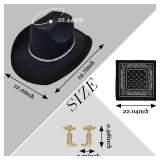 Rhinestone Cowboy Hat and Earring Set with Bandana, Western Cowgirl Boots Earrings and Felt Fedora for Women Men Rodeo Outfit (Rhinestone Band, Black) - Retail: $15