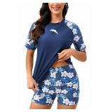 Halcurt Women Short Sleeve Rash Guard Set Swim Shirt Shorts Swimsuits with Sleeves Navy Floral L - Retail: $30