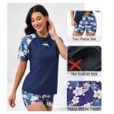 Halcurt Women Short Sleeve Rash Guard Set Swim Shirt Shorts Swimsuits with Sleeves Navy Floral L - Retail: $30