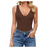 Avidlove Womens Plunge Sleeveless Body Suits Sexy Deep V Neck Bodysuit Thong Going Out Tank Bodysuits (Brown, L) - Retail: $20