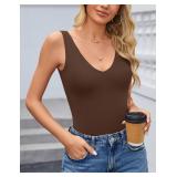 Avidlove Womens Plunge Sleeveless Body Suits Sexy Deep V Neck Bodysuit Thong Going Out Tank Bodysuits (Brown, L) - Retail: $20