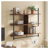 Bestier Floating Pipe Shelving Kitchen Shelves Wall Mounted 3 Tier 41.5" Ladder Coffee Bar Shelf Hanging with Circular Tube, Display Bookshelf Storage for Living Room Kitchen, Rustic Brown
