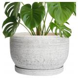 SQOWL Ceramic Flower Pots - 10 Inch Plant Pot Indoor with Drainage Hole and Saucer, Modern Ceramic Planter Outdoor, Decorative Large Round Planter, Bedroom Decor, Plant Lovers Gifts, Gray