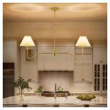 Retails for $130! 2-Light Gold Modern Linear Chandelier, 55 Inch Farmhouse Kitchen Island Lighting with White Fabric Shades, Dining Room Light Fixtures for Living Room Bedroom, Height Adjustable