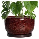 SQOWL Ceramic Flower Pots - 10 Inch Plant Pot Indoor, Ceramic Planter with Drainage Hole and Saucer, Round Decorative Large Planter Outdoor, Home Decor Living Room, Gifts for Plant Lovers, Red