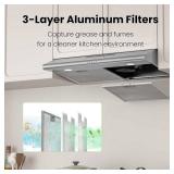 Retails for $111! FIREGAS Under Cabinet Range Hood 30 inch, Ducted/Ductless Convertible Kitchen Hood Over Stove Vent, LED Light, 3 Speed Exhaust Fan, Reusable Aluminum Filters, Push Button, with Charc