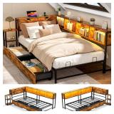 Retails for $230! Betterhood Corner Bed Frame with Storage Bookcase, Twin Daybed with 2 Drawers & Charging Station, Twin Size Platform Beds with LED Light, Teen Corner Bed for Living Room, Bedroom and