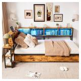 Retails for $230! Betterhood Corner Bed Frame with Storage Bookcase, Twin Daybed with 2 Drawers & Charging Station, Twin Size Platform Beds with LED Light, Teen Corner Bed for Living Room, Bedroom and