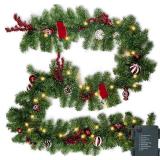 Nerosun 9FT Christmas Garland with 50LED Lights, Battery Operated Prelit Garland Christmas Decorations Timer 8 Mode, Artificial Outdoor Christmas Garland Greenery Pinecone for Indoor Door Decor
