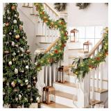 Nerosun 9FT Christmas Garland with 50LED Lights, Battery Operated Prelit Garland Christmas Decorations Timer 8 Mode, Artificial Outdoor Christmas Garland Greenery Pinecone for Indoor Door Decor