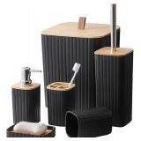 Bathroom Accessories Sets Complete, 6 Pack Black Bathroom Accessory Set with Trash Can Toothbrush Holder Soap Dispenser Tooth Mug Soap Dish Toilet Brush Holder for Bathroom Decor