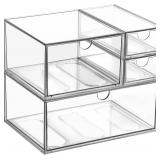 WUHUME Makeup Drawer Organizer, Desk Drawer Organizer With 4 Drawers, 3 Different Sizes, Suitable For Office Desk, Bathroom, Bedroom, Jewelry, Stationery, Handicraft Storage And Organization, clear