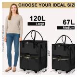 Reusable Grocery Bag on 5 Wheels, Foldable Rolling Tote Bag with Handle and Zipper Cover, 4 Pockets, Heavy Duty Shopping Cart for Laundry, Market & Trave (Black, Large_120L)