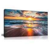 Retails for $140! GUGIKA Ocean Wall Art for Living Room, Large Coastal Beach Canvas Wall Decor for Bedroom, Gold Sun Landscape Picture Print, Size 59x29 Inch
