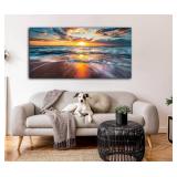 Retails for $140! GUGIKA Ocean Wall Art for Living Room, Large Coastal Beach Canvas Wall Decor for Bedroom, Gold Sun Landscape Picture Print, Size 59x29 Inch