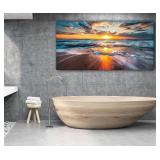 Retails for $140! GUGIKA Ocean Wall Art for Living Room, Large Coastal Beach Canvas Wall Decor for Bedroom, Gold Sun Landscape Picture Print, Size 59x29 Inch