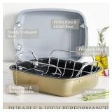 KITESSENSU Large Roasting Pan with Rack - 25 LB Nonstick Turkey Roaster Pan for Oven - Heavy Duty Carbon Steel Roasting Pan with Wider Handles for Chicken, Vegetables & Holiday Meals, Gray