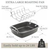 KITESSENSU Large Roasting Pan with Rack - 25 LB Nonstick Turkey Roaster Pan for Oven - Heavy Duty Carbon Steel Roasting Pan with Wider Handles for Chicken, Vegetables & Holiday Meals, Gray