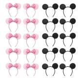 NEWTGAN 20 PCS Mouse Ears Headbands for Birthday Party Theme Park Costume Play Celebration for Boys and Girls (black,pink) (pink black)