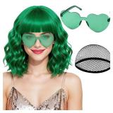 PLULON Green Wavy Bob Wigs with Bangs Heart Sunglasses Hair Cap for Women, Colored Synthetic Hair Short Bob Loose Curly Shoulder Length Wigs for Costume Bachelorette Party Music Festival