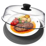 2 in 1, Glass Microwave Splatter Cover for Food & Microwave Place Mat, Plate Splatter Guard Lid with Easy Grip Silicone Handle Knob, Borosilicate Glass with Vent Hole, Food Grade, No Plastic, 10in