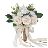 GLIDLION Wedding Bouquets for Bride Bridesmaid,White Champagne Artificial Roses Flowers for Wedding Church Decoration (7.5in)