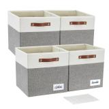 Bagnizer Collapsible Fabric Storage Cube Bins with 2 Reinforced PU Handles, Foldable Storage Organizer Baskets for Closet, Shelves, Living Room | 13"x13"x13", 4 Pack, Gray & White